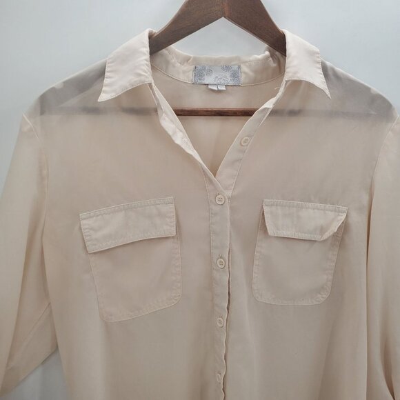 Vintage Solemio Womens Button Up Roll Tab Sleeve Blouse Top Sz L Cream Career - Picture 9 of 16
